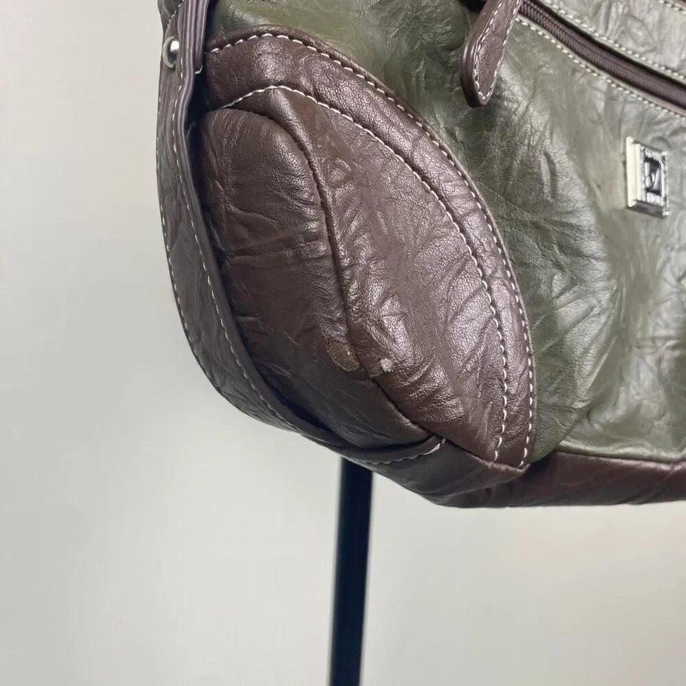 Stone Mountain Olive Green & Brown faux Leather Hobo Bag silver hardware
